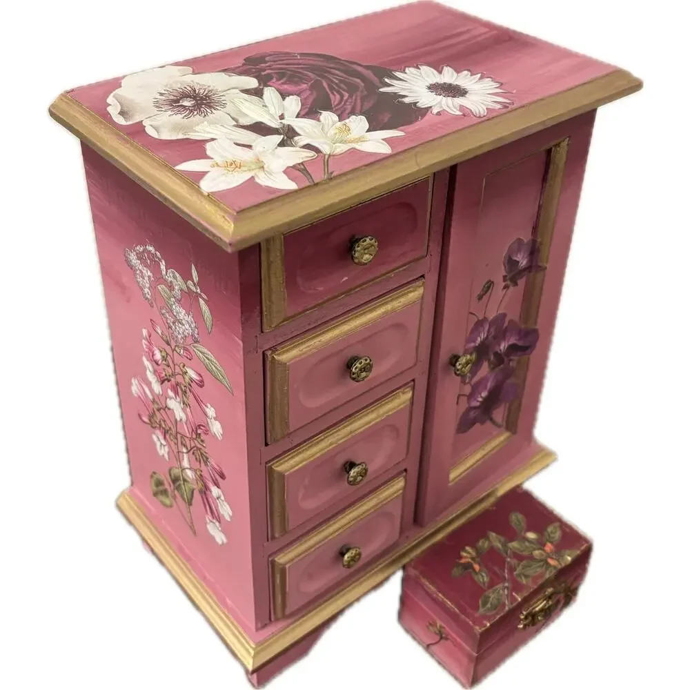Upcycled Vintage Wooden Jewelry Box | Hand-Painted Dusty Pink & Maroon Ombre